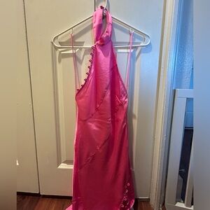 Low back halter neck hot pink satin dress
